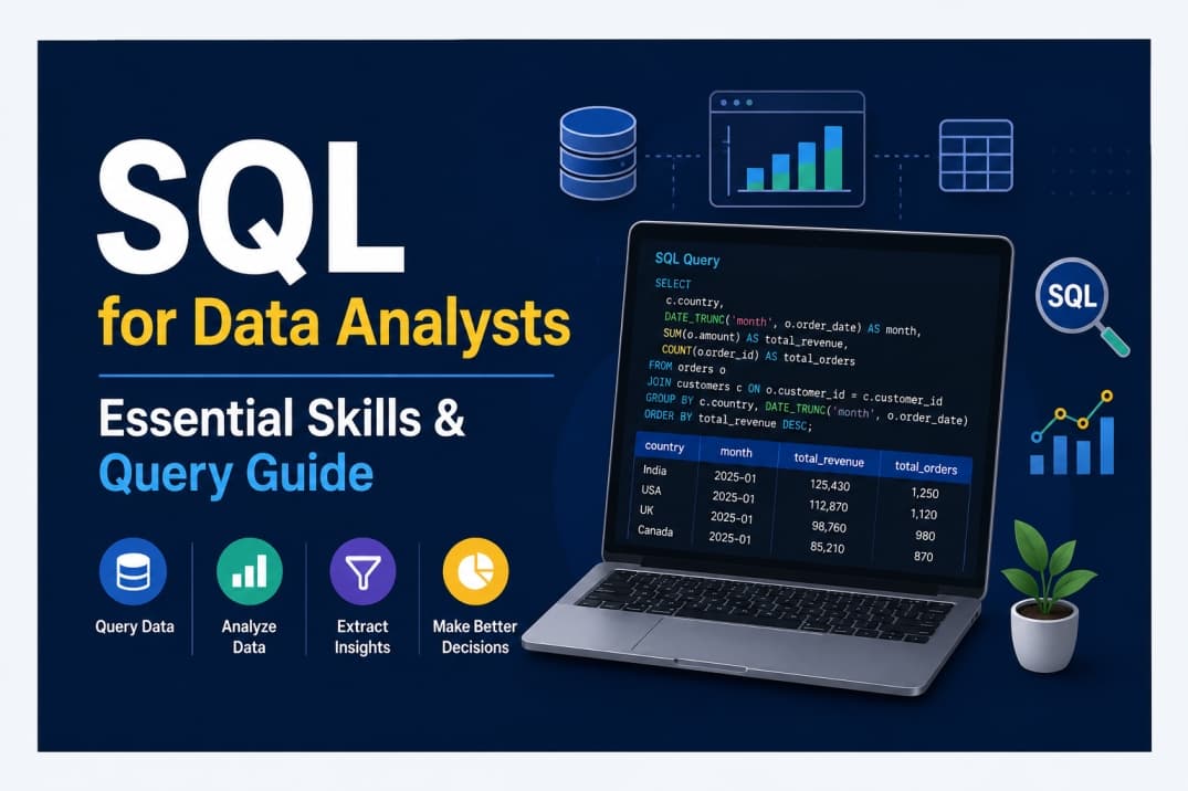 SQL for Data Analysts thumbnail with laptop, SQL code, database icons, and analytics dashboard.